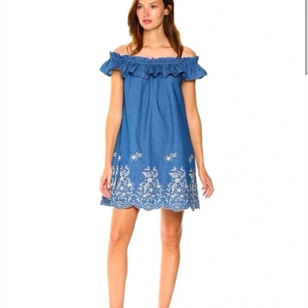 JOA denim off the shoulder embroidered
dress